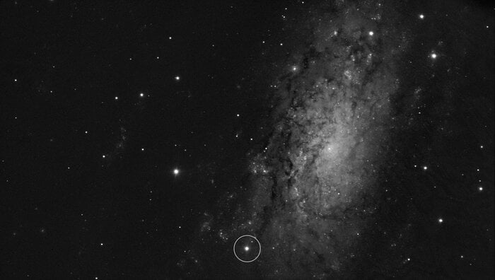 Image montrant l'emplacement de la supernova SN 2024ggi dans la galaxie NGC 3621. (Source de l'image : ESO/Y. Yang et al.)