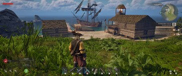 Sur la photo : Une base à Windrose. Le bateau pirate est à l'ancre.