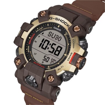 Vue en angle de la G-Shock Mudman GW-9500MH-5 mettant en valeur son écran LCD duplex et sa palette de couleurs jaune clair et marron. 
