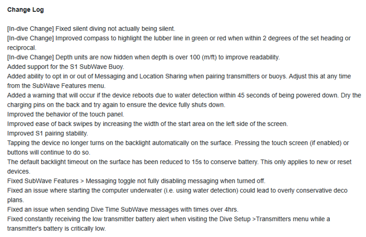 Le journal des modifications de la version 3.18 du logiciel Garmin Descent X50i. (Image source : Garmin)