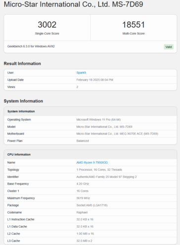 Ryzen 9 7950X3D Geekbench (source d'image : Geekbench)