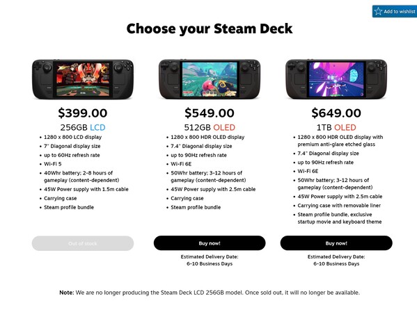 Steam Deck LCD en rupture de stock dans la boutique de Valve (Source d'image : capture d'écran, Valve)