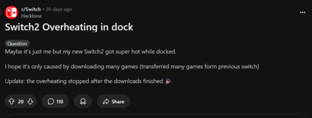 Surchauffe du dock de la Switch 2 (Source de l'image : capture d'écran, Switch subreddit)