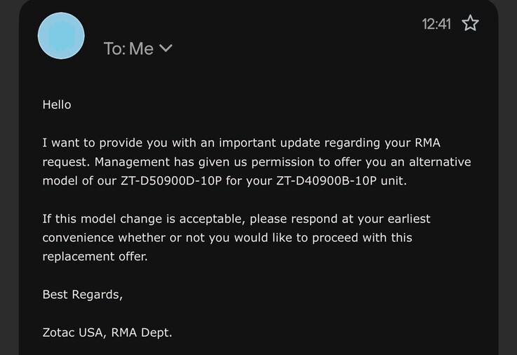 Message du service client de Zotac adressé à Prudent_Echidna1254.