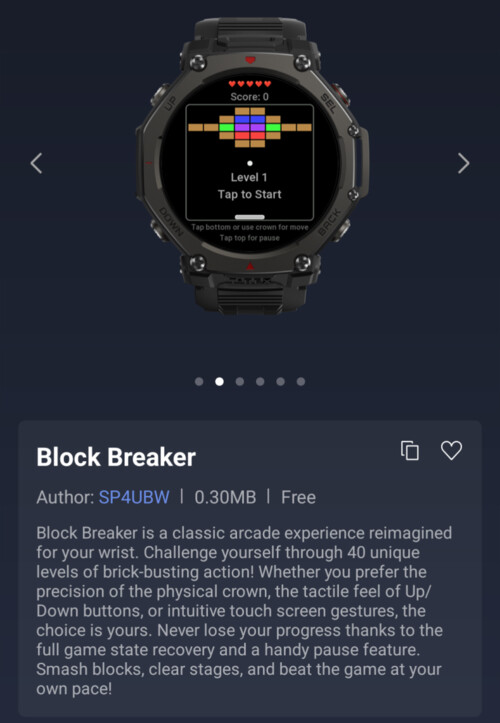 L'application Block Breaker Mini pour les smartwatches Amazfit