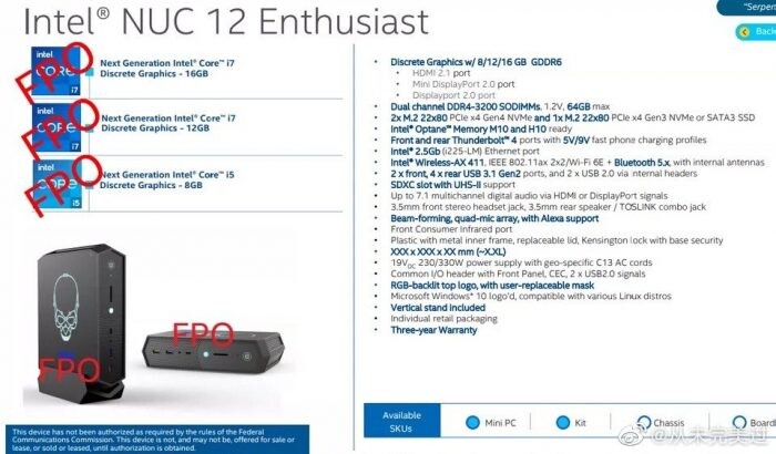 Spécifications de la rumeur Intel NUC 12 Enthusiast. (Image source : FanlessTech)