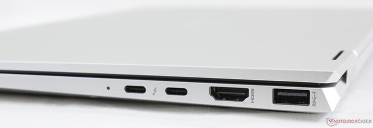 A droite : 2x USB-C avec Thunderbolt 3 + DisplayPort + Power Delivery, HDMI 1.4b, USB-A 3.1 Gen. 1