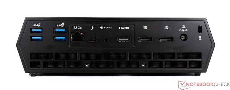 Arrière : 4x USB Type-A, 2.5G LAN, 1x USB Type-C, Toslink, HDMI (4K60), 2x DisplayPort 1.4, connexion d'alimentation, verrou Kensington