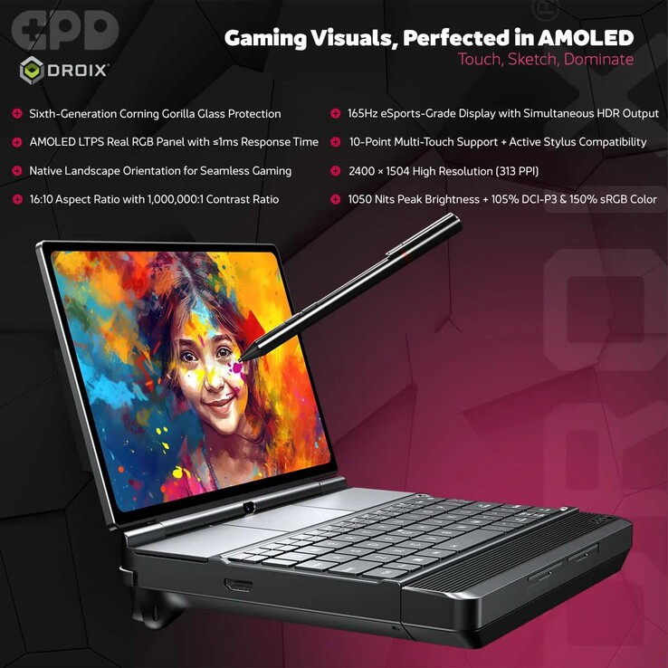 La console de jeu portable GPD Win Max 3 est équipée d'un écran AMOLED de 9,06 pouces avec un taux de rafraîchissement de 165 Hz.