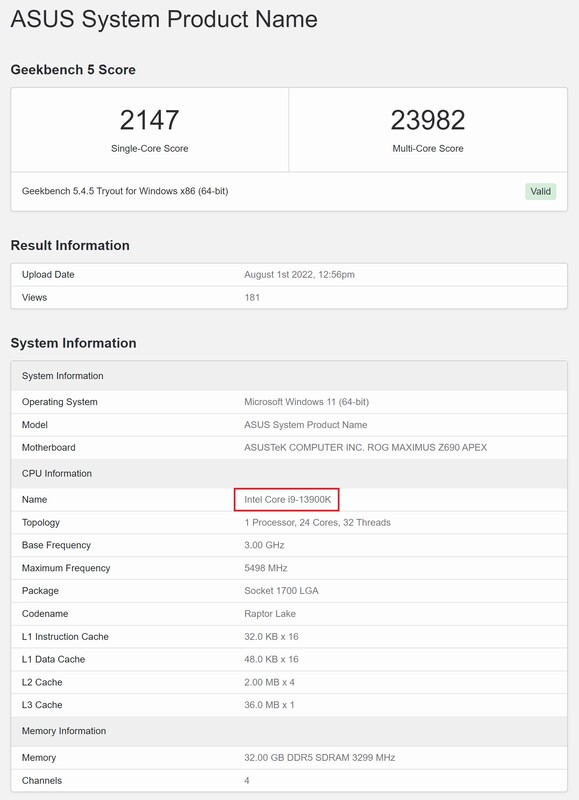 Intel Core i9-13900K. (Image source : Geekbench)