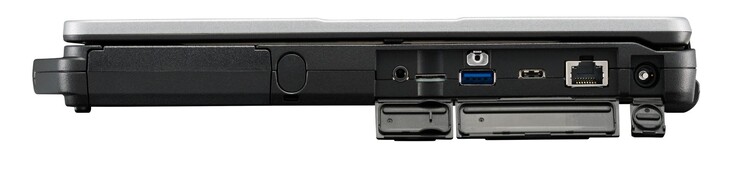 Côté droit : rangement de stylet, jack 3,5 mm, USB A 3.1 Gen. 1, USB C 3.1, Gigabit RJ-45, entrée secteur.