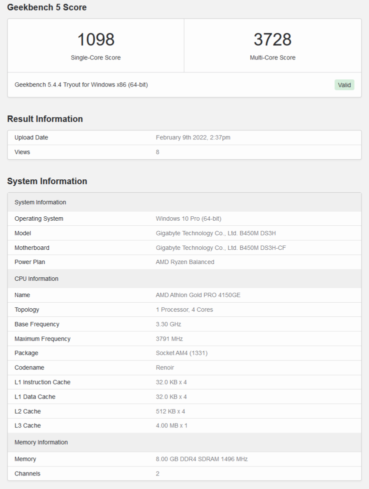 AMD Athlon Gold PRO 4150GE sur Geekbench (image via Geekbench)