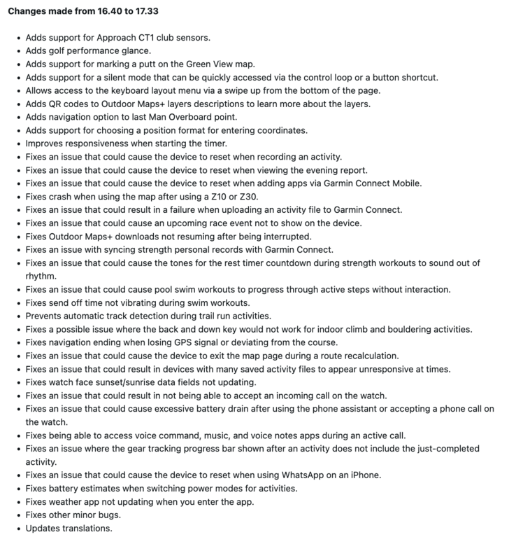 Les notes de mise à jour de la version 17.33 du logiciel Garmin Venu X1