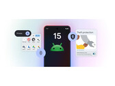 Image promotionnelle de la page Android 15 de Google présentant certaines de ses principales fonctionnalités sur un fond dégradé. (Source de l'image : Google)