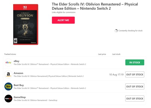 Suivi HotStock pour Oblivion Remastered sur Switch (portage 2)