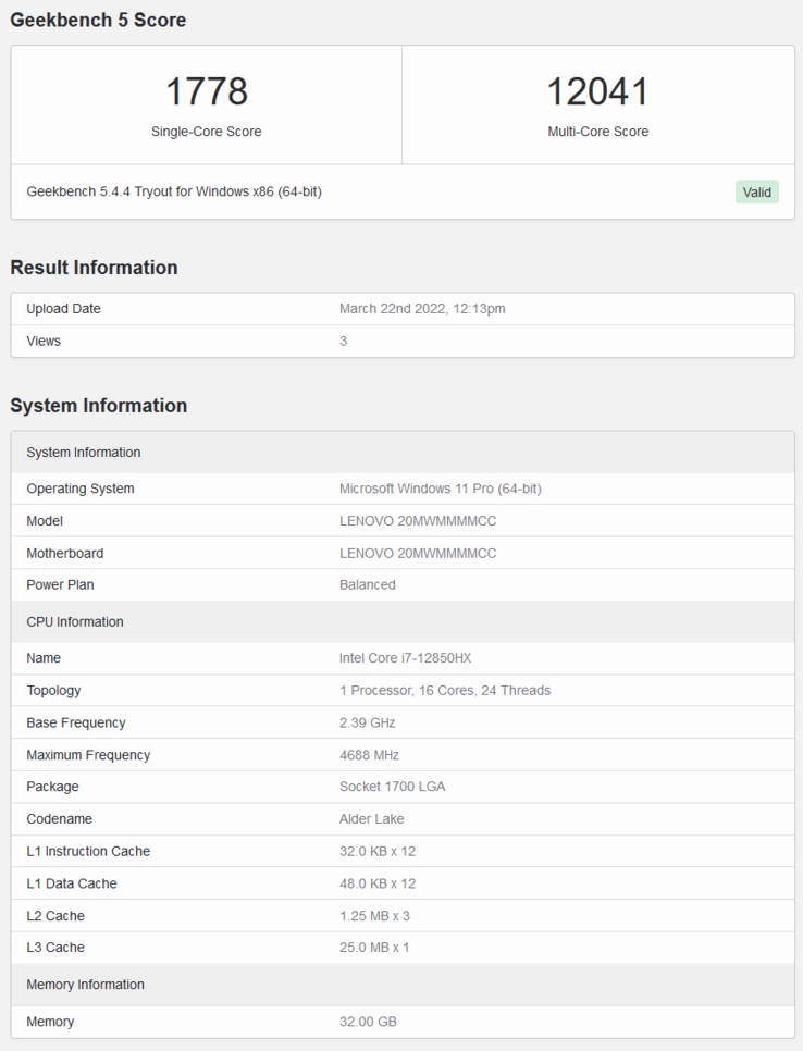 Score Geekbench du Intel Core i7-12850HX (image via Geekbench)