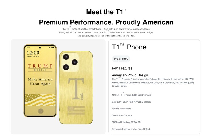 La page produit du téléphone Trump T1 a supprimé toute mention indiquant que l'appareil est fabriqué aux États-Unis.