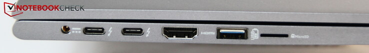Côté gauche : entrée secteur, 2 USB C, HDMI, USB-A, micro SD.