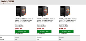 Prix actuels des processeurs Zen 3 AMD Ryzen sur Micro Center. (Source : Micro Center)