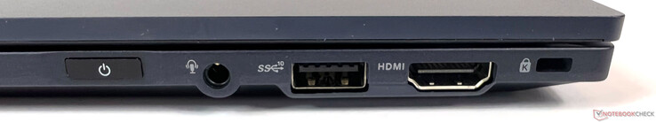 Connexions à droite : 1x jack 3,5 mm (entrée micro / sortie audio combinées), 1x USB 3.2 Gen-2 (10GBit/s), 1x HDMI 2.0b, 1x Kensington