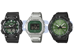 De gauche à droite : les Casio AEQ-110W-3A2V, W-218HD-3AV et MRW-210H-3BV.