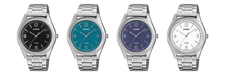 De gauche à droite : les montres Casio MTP-B210D-1AV, MTP-B210D-2A1V, MTP-B210D-2A2V et MTP-B210D-7AV
