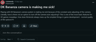 Reddit post #2 on Donkey Kong Bananza motion sickness (Image source : screenshot, Nintendo subreddit)