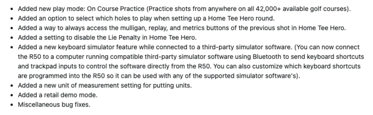 Le journal des modifications du logiciel système 8.40 pour le Garmin Approach R50 (Source de l'image : capture d'écran du forum Garmin)
