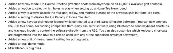 Le journal des modifications du logiciel système 8.40 pour le Garmin Approach R50 (Source de l'image : capture d'écran du forum Garmin)