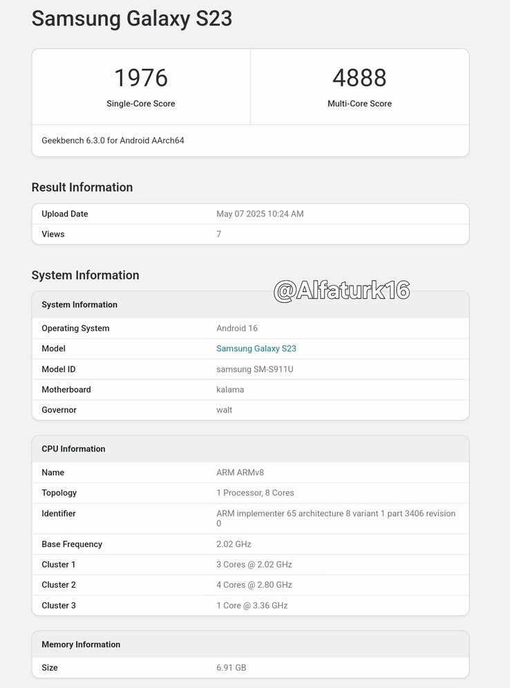 Un "Galaxy S23 " semble fonctionner sur Android 16 sur Geekbench. (Source : Geekbench via @Alfaturk16 sur X)