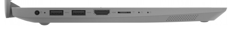 Côté gauche : Connecteur d'alimentation, 2x USB 3.2 Gen 1 (Type A), HDMI, lecteur de carte mémoire (MicroSD)