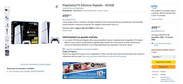 La PS5 Digital Edition avec 825 Go est disponible sur Amazon Italie. (Source de l'image : Amazon)