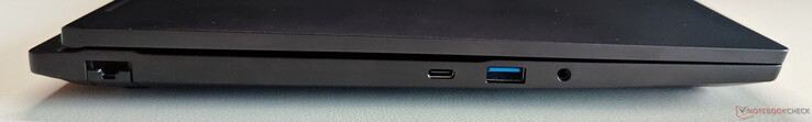 À gauche : Ethernet Gigabit, USB-C 3.2 Gen.2 (10 GBit/s, DisplayPort 1.4a via iGPU, 100W Power Delivery), USB-A 3.2 Gen.1 (5 GBit/s), audio 3,5 mm