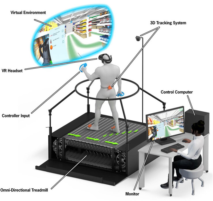 Un tapis roulant et un casque de réalité virtuelle sont utilisés pour envoyer les utilisateurs faire des courses virtuelles afin de mesurer les capacités cognitives et motrices. (Source : article de MM Lewis et al. via Frontiers in Virtual Reality)
