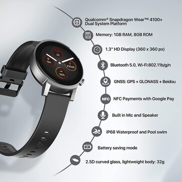 La TicWatch E3 dispose aujourd'hui de la plateforme Snapdragon Wear 4100+ Dual System. (Image source : Mobvoi)