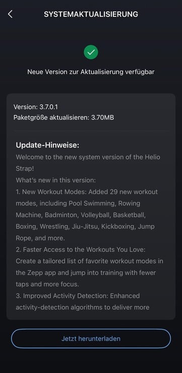 Les notes de mise à jour de la version 3.7.0.1 du logiciel de l'Amazfit Helio Strap. (Source de l'image : u/85Blickwinkel via Reddit)