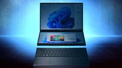Une fois éclairé, l&#039;ordinateur portable à double écran présenté par Asus ressemble à une alternative au Lenovo Yoga Book 9i (Image : Asus, édité)