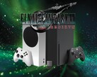 Le logo de Final Fantasy 7 Rebirth au-dessus des consoles Xbox et du stockage