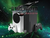 Le logo de Final Fantasy 7 Rebirth au-dessus des consoles Xbox et du stockage
