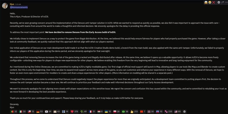 Annonce de la suppression de Denuvo dans InZOI (Image source : screenshot, InZOI discord)