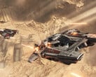 Sauter Vaisseau spatial volant au-dessus d'une planète dont l'arrière est touché par des tirs de blaster