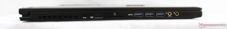 Côté gauche : verrou Kensington, lecteur SD, 3 USB 3.0, écouteurs 3,5 mm, microphone 3,5 mm.