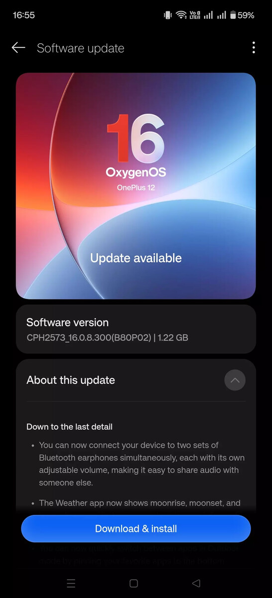 Écran de mise à jour logicielle du OnePlus 12 affichant la mise à jour OxygenOS 16.0.8.300, mettant en avant la nouvelle prise en charge de l'audio Bluetooth double et d'autres fonctionnalités ajoutées.