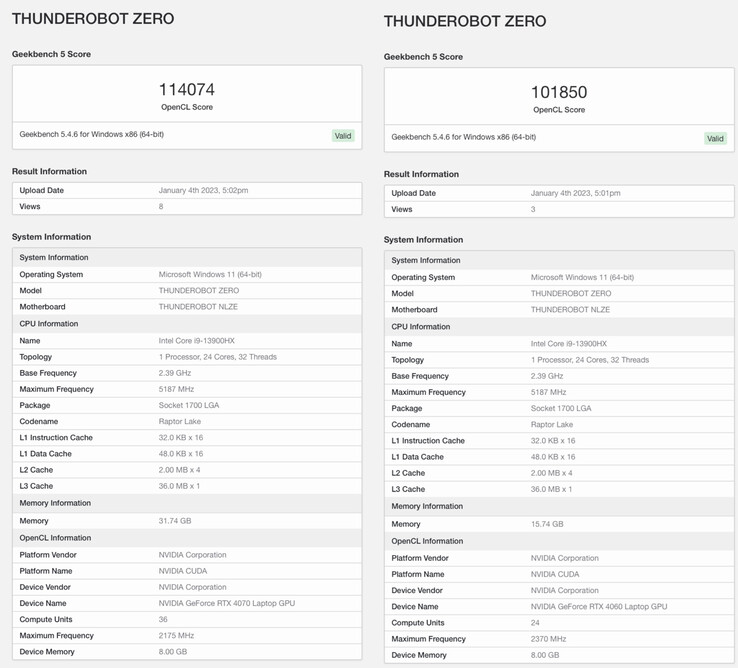 Nvidia GeForce RTX 4070 et RTX 4060 sur Geekbench (image via Geekbench)