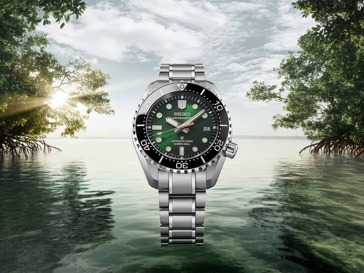 Seiko Marinemaster HBF003J1 sur un bracelet en acier inoxydable, présentée devant un paysage de mangrove tropicale avec un feuillage vert, une eau calme et la lumière du soleil en arrière-plan.