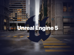 Le logo Unreal Engine 5 avec un environnement rendu en arrière-plan (source de l'image : Epic)
