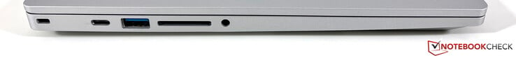 A gauche : Verrouillage Kensington, USB-C 3.2 gen. 2 (10 Gb/s, DisplayPort ALT mode 1.4, Power Delivery), USB-A 3.2 gen. (5 Gb/s), lecteur de cartes, audio 3,5 mm