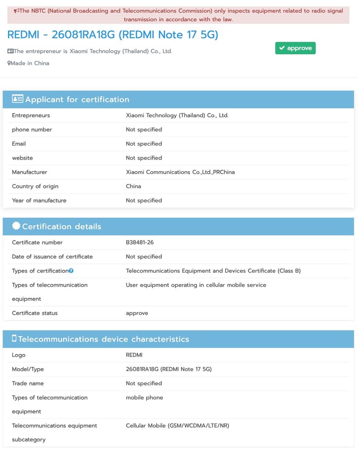 Certification NBTC du Redmi Note 17 Pro Max.