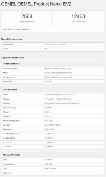 Le Surface Laptop Studio 2 présumé avec un Core i7-13800H et 64 Go de RAM. (Source : Geekbench)