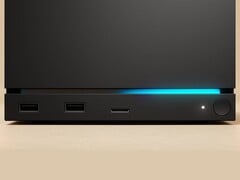 Vue avant de la Valve Steam Machine avec deux ports USB, un port USB-C, une LED d'alimentation, un bouton d'alimentation rond et une bande LED bleue. (Source de l'image : Valve)